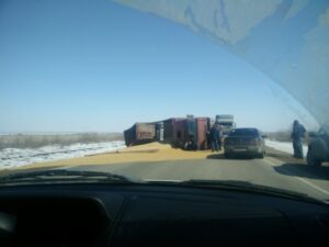 В поселке Горьковском Волгограда перевернулся КамАЗ с зерном