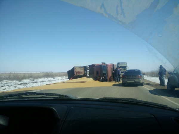 В поселке Горьковском Волгограда перевернулся КамАЗ с зерном